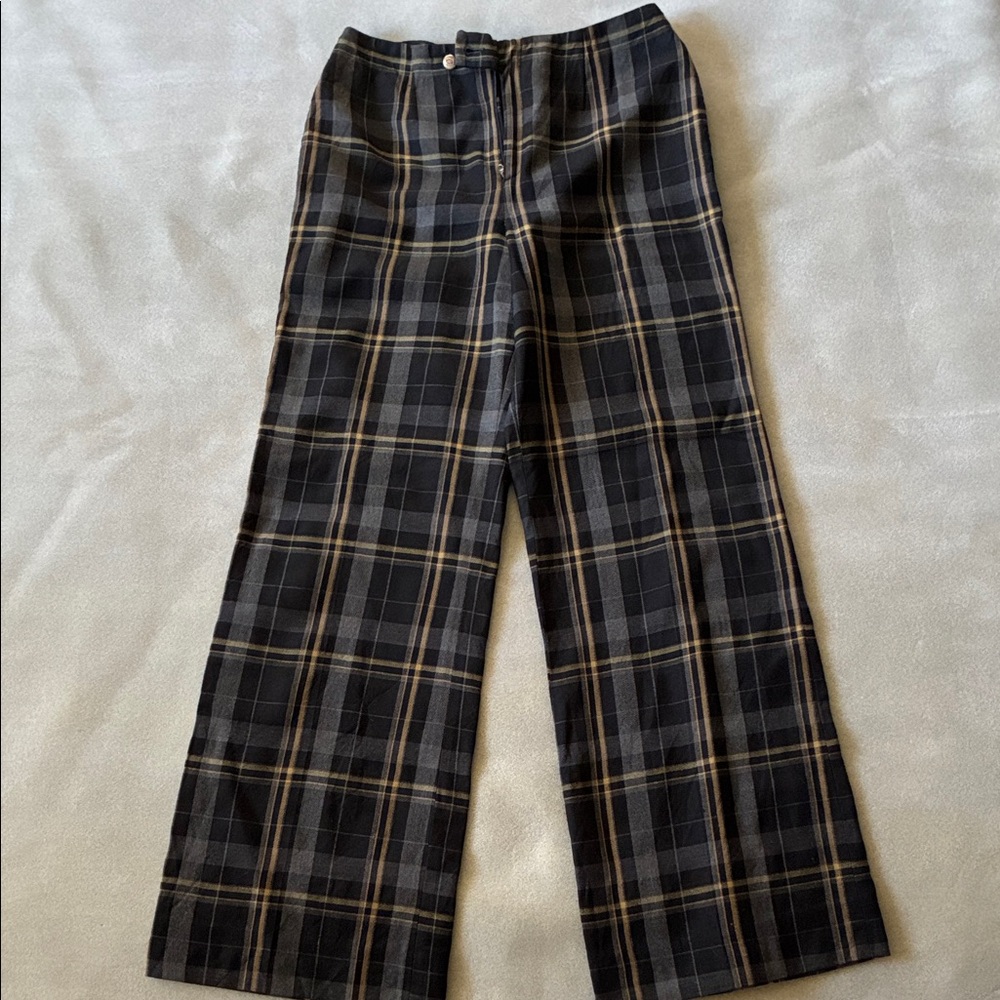 Women's Vintage Plaid Wide Leg Pants - Black,Grey and Gold